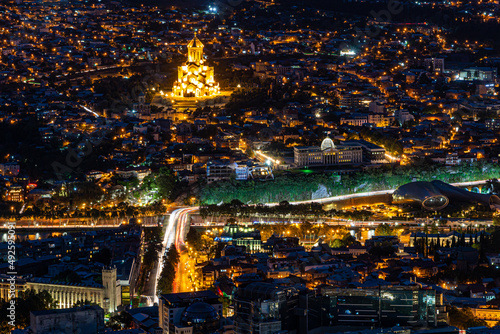 September 02, 2021 - Tbilisi, Georgia: Beautiful panoramic night view of the capital of Georgia Tbilisi, bird's eye view