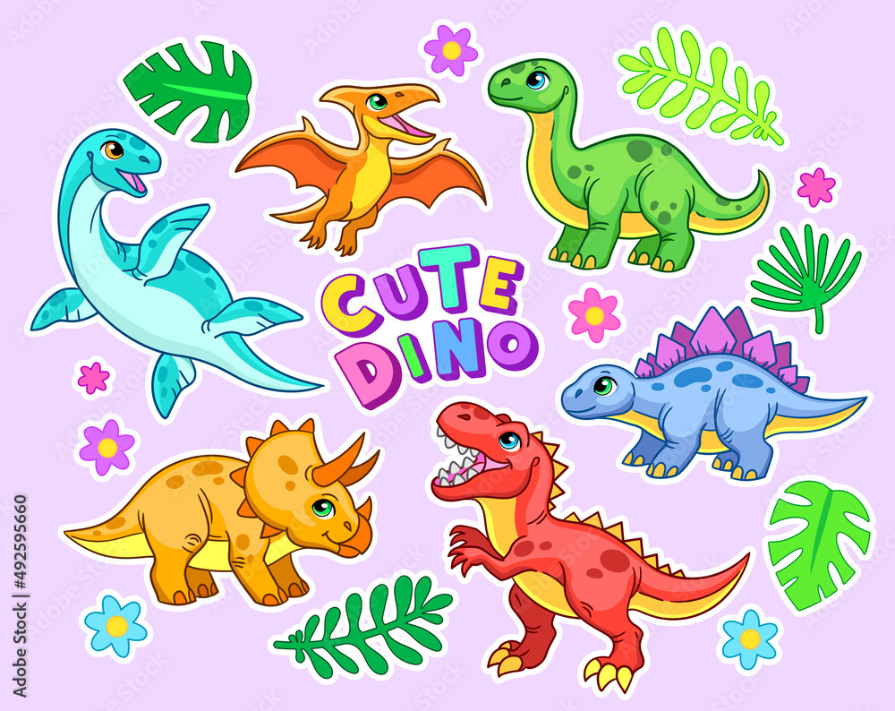 Cute dino text. Plesiosaur, brachiosaurus, stegosaurus, tyrannosaurus, pterosaur, triceratops with palm leaves and flowers. Vector illustration Cute dino text. Plesiosaur, brachiosaurus, stegosaurus, tyrannosaurus, pterosaur, triceratops with palm leaves and flowers. Vector illustration