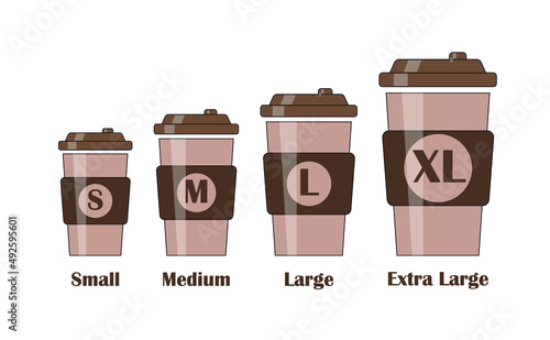 Differerent paper cups of coffee: small, medium, large and extra large.