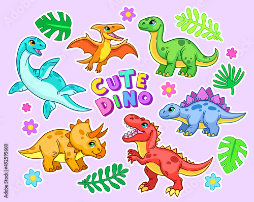 Cute dino text. Plesiosaur, brachiosaurus, stegosaurus, tyrannosaurus, pterosaur, triceratops with palm leaves and flowers. Vector illustration