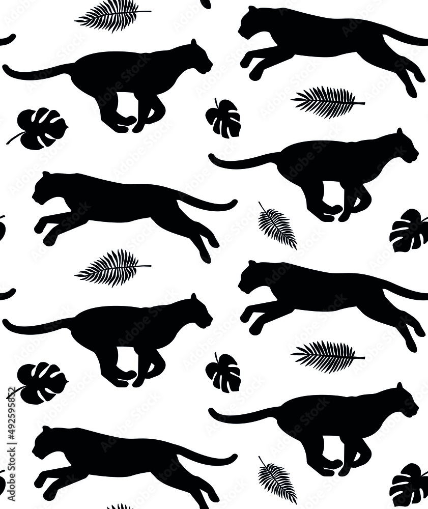 Vector seamless pattern of flat leopard and palm leaves silhouette isolated on white background