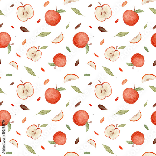 Fototapeta Naklejka Na Ścianę i Meble -  Seamless watercolor pattern of red apples. Bright fruits. Background for eco products, textiles, fabrics, paper.