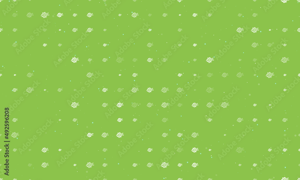 Seamless background pattern of evenly spaced white digital tech symbols of different sizes and opacity. Vector illustration on light green background with stars