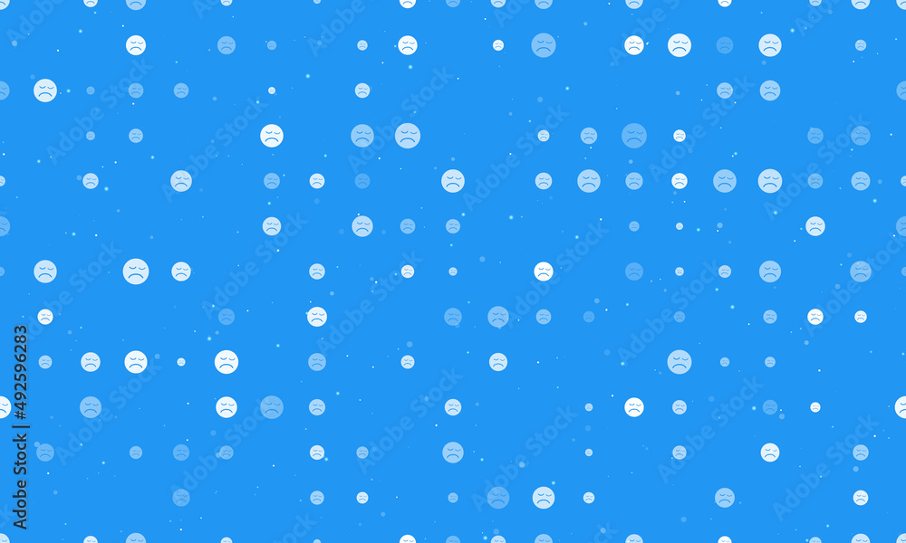 Seamless background pattern of evenly spaced white depression symbols of different sizes and opacity. Vector illustration on blue background with stars