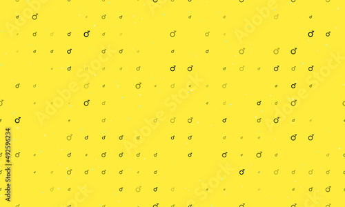 Seamless background pattern of evenly spaced black demiboy symbols of different sizes and opacity. Vector illustration on yellow background with stars