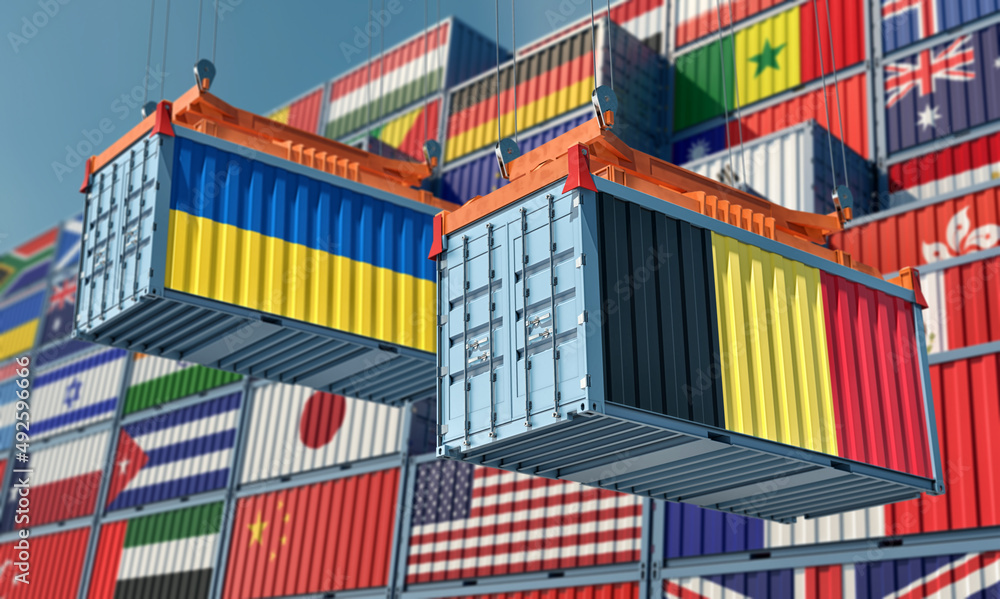 Cargo containers with Belgium and Ukraine national flags. 3D Rendering 
