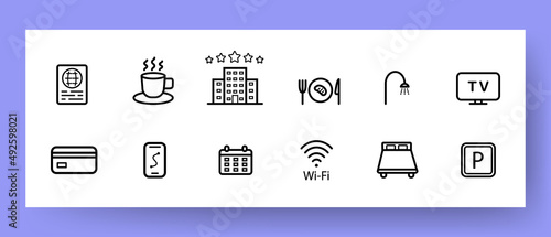 Hotel icons set. Shower, TV, bed, WiFi and dinner icon set. Business concept. Vector EPS 10