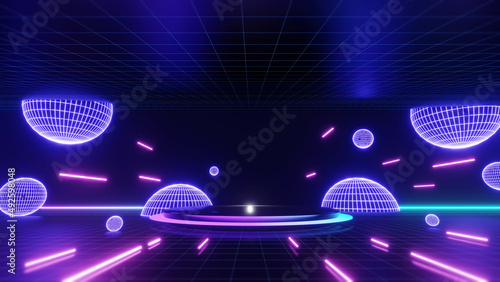 3d abstract neon background, geometric background with polygonal structure, cyber space virtual reality, Podium show products, place for product, colored neon lights, retro sci-fi style