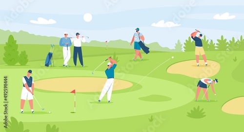 People playing golf on course, professional golfers with clubs. Men and women golfer characters on field, golf competition vector illustration. Sportsman exercising outdoor, holding equipment