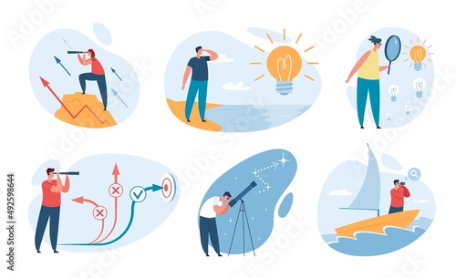 People looking into future, searching for opportunities and new ideas. Person with binocular or spyglass, career path concept vector set. Characters seeking professional growth, discovering