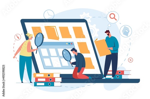 People searching files, organizing digital database, file archive. Characters finding information, document organization vector concept. Man and woman doing research with magnifying glass