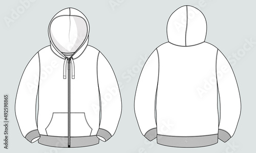 Long sleeve hoodie with Zipper technical fashion Drawing sketch template front and back view. apparel dress design vector illustration mock up jacket CAD. Easy edit and customizable.
