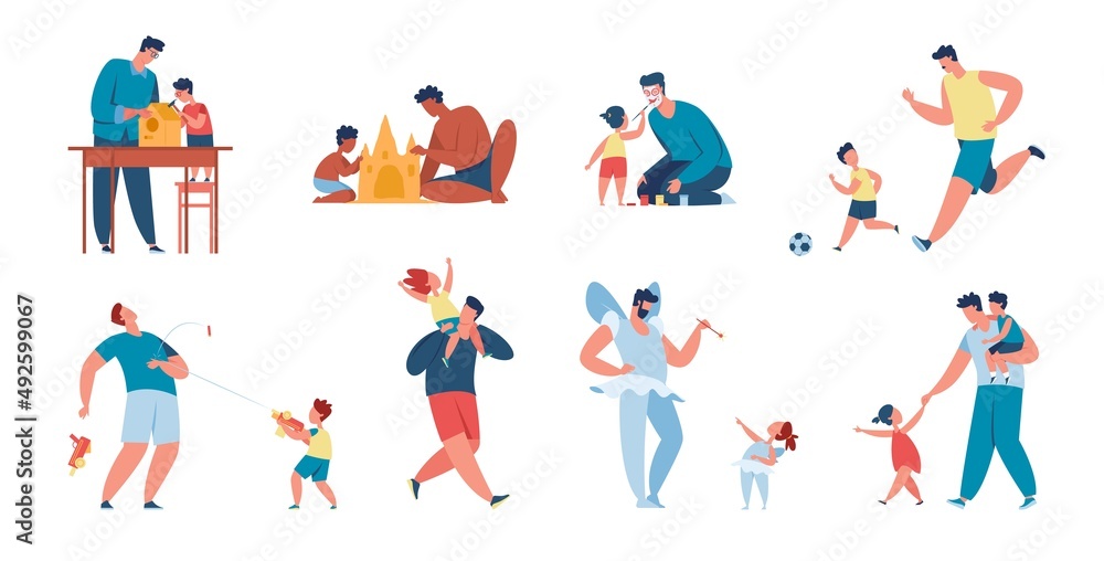 Father and child spending time together, fathers day, fatherhood. Happy kids with dads playing or having fun, dad and son activity vector set. Parent playing football wit boy, making sand castle