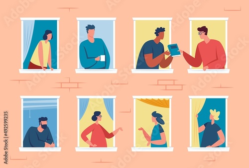 Neighbors in windows, good neighborhood, people looking out window. Friendly apartment neighbours talking to each other vector illustration. Friends communicating, discussing book, drinking coffee