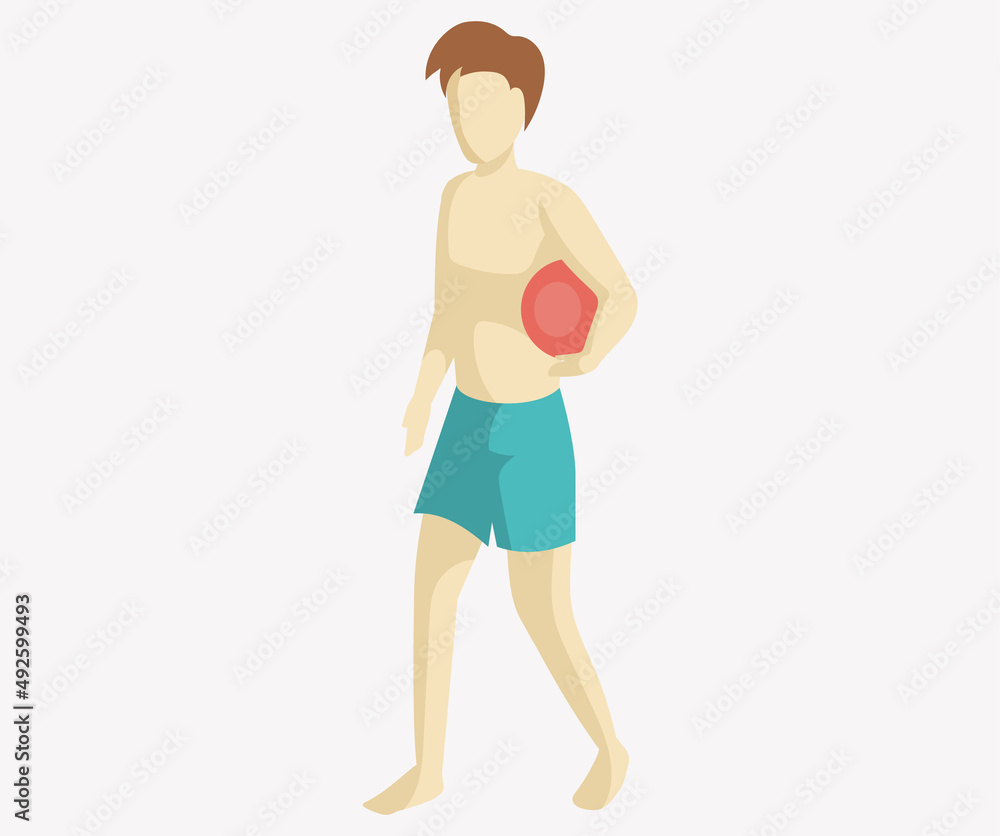 Man in swimming trunks holding ball in his hand. Full lenght side view of standing naked man on beach isolated. Summer time, vacation or travel on shore near water. Male character without clothes Man in swimming trunks holding ball in his hand. Full lenght side view of standing naked man on beach isolated. Summer time, vacation or travel on shore near water. Male character without clothes
