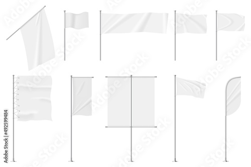 Realistic white textile flags on pole, blank advertising banners. Empty fabric flag template, hanging cloth banner signboard vector set. Waving cloth on steel stand for promotion or advertisement