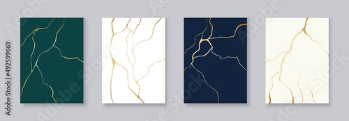 Golden kintsugi posters, japanese art of repairing cracked pottery. Minimalist marble pattern prints, gold cracks effect vector poster set. Trendy elegant design with golden breaks