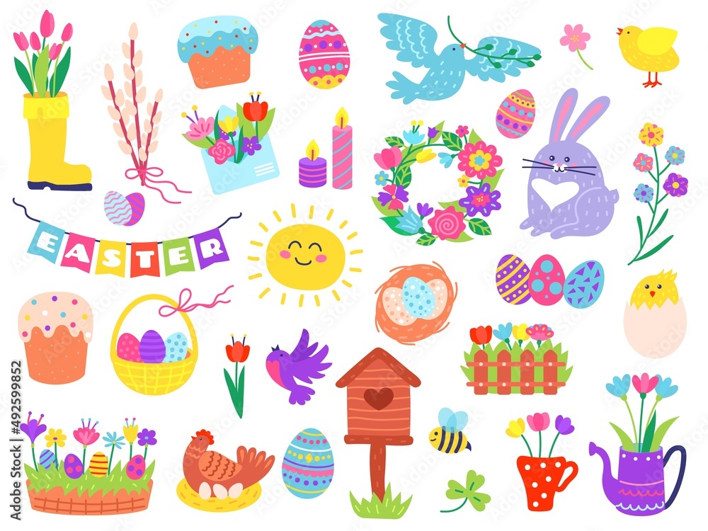 Cute easter elements, hand drawn spring season doodles. Painted eggs in basket, bunny, flowers, birds, springtime holiday doodle vector set. Floral wreath, hatching chick, burning candles