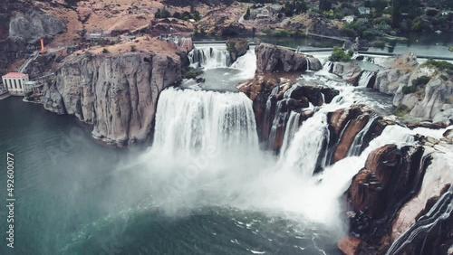 Aerial view of Shoshone Falls in Twin Falls, Idaho. Shot from helicopter Shoshone Falls aerial stock footage photo