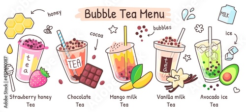 Bubble tea menu, boba drink in different flavors. Summer iced tea with tapioca pearls, taiwan pearl milk drinks shop vector illustration. Delicious refreshment with chocolate, mango, vanilla