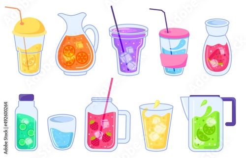 Iced summer drinks, fruit lemonade and nonalcoholic cocktails. Summertime drink in jar or glass, cocktail with fruits and ice vector set. Beverage with citrus slices, strawberry, watermelon