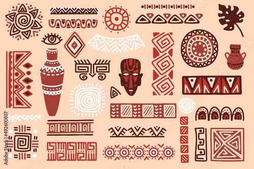 Hand drawn african elements, tribal shapes and textile ornaments. Traditional ritual masks, vases, ethnic circles and borders vector set. Mystic symbols and dividers, folk shapes isolated photo