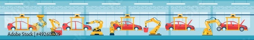 Car automated assembly line with robotic arms, cars manufacturing factory. Automobile production line, automotive industry vector illustration. Engineering service for transportation