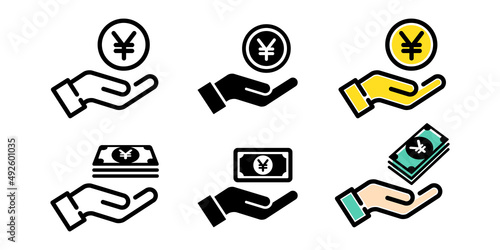 お金を持っている手、日本円での支払いイメージのベクターアイコンイラスト素材セット
