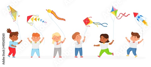 Cartoon children playing with kites, kid holding air kite. Boys and girls running with flying toys, outdoor summer activity vector set. Happy characters having fun, entertaining with joy