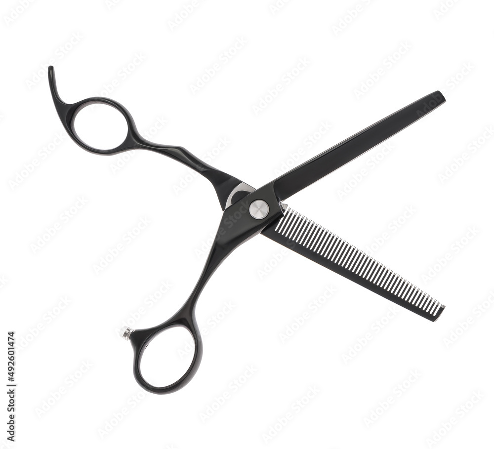 Scissors for cutting people and pets. Grooming scissors. Opened scissors on a white isolated background. Side view. Scissors for cutting people and pets. Grooming scissors. Opened scissors on a white isolated background. Side view.