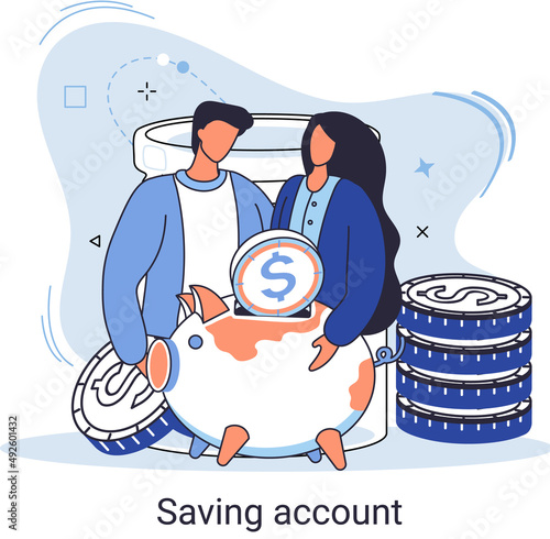 Saving account concept. People with coins and piggy bank. Accumulation of funds, wealth, passive income. Receiving interest from keeping money, safe future. Banking services, internet payment