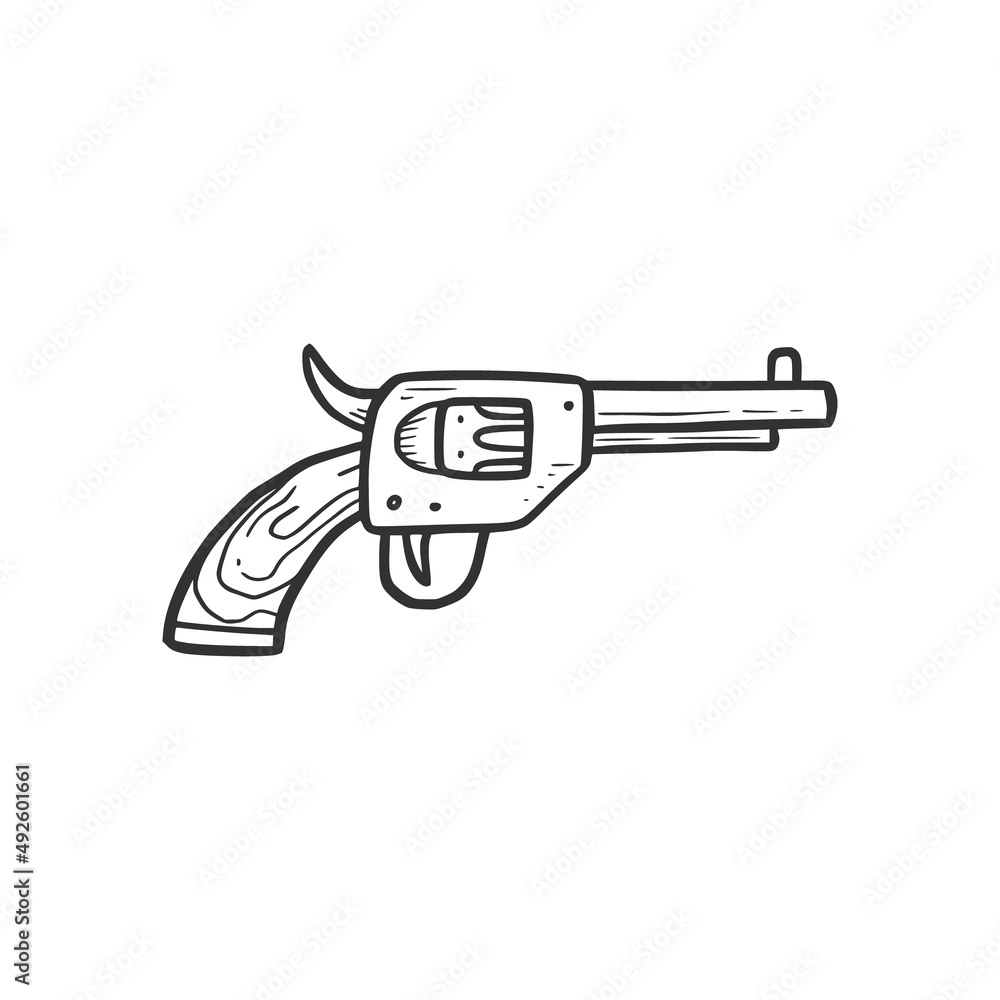 Hand drawn revolver gun element. Comic doodle sketch style. Cowboy, western concept icon. Isolated vector illustration.