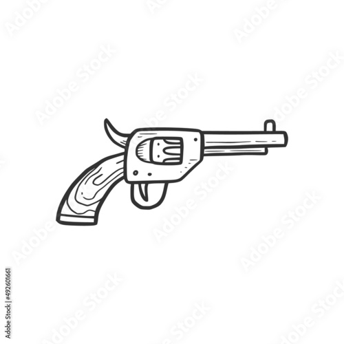 Hand drawn revolver gun element. Comic doodle sketch style. Cowboy, western concept icon. Isolated vector illustration.