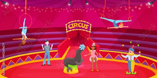 Cartoon circus performers on arena, clown, acrobat, animal trainer. Circus artists on stage, carnival show with acrobats vector illustration. Women doing aerial tricks, comedian juggling
