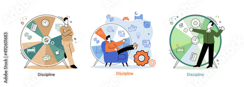 Daily schedule metaphor, daily affairs person, discipline indicators time for rest, work, sleep, food. Scheduling activities for day, time management, distribution of tasks, circle sectors occupation