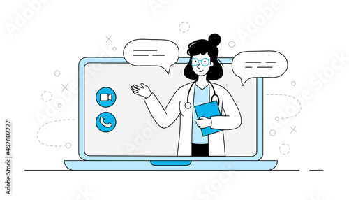 Online doctor, virtual medicine illustration. Woman doctor in laptop screen outline doodle style. Medicine web app, online clinic, mobile pharmacy service vector illustration