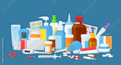 Cartoon medical products, pharmacy drugs, pills and tablets. Medicine bottles, blisters and capsules, various medications vector illustration. Remedy against illnesses, health treatment