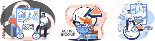 Active income obtained in course of certain activity using your knowledge and skills, getting paid for work. Works, earns salary. Idea of financial growth, business development, wages. Activity growth