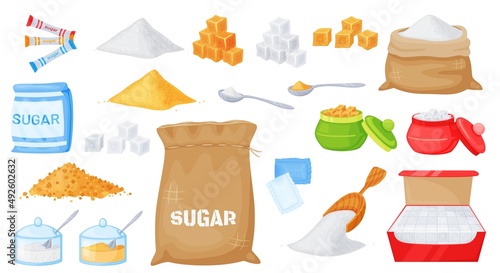 Cartoon white and brown cane sugar in different packages. Granulated and cube sugar in spoons, bowls, canvas bags, sachets vector set. Powder for culinary or baking, scoops and heaps