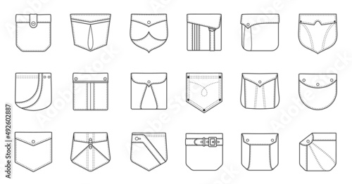 Outline patch pockets for shirts, cargo pants and denim jackets. Flap pocket sewing patterns in different shapes, fabric patches vector set. Clothes pieces for man and woman dressing