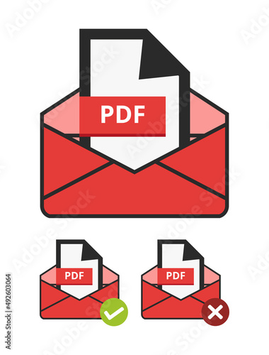 Vector illustration of a red envelope with PDF file - e-mail attachment with pdf document isolated on white. Set of modern flat icons -  correct approved and sent and incorrect disapproved and unsent.