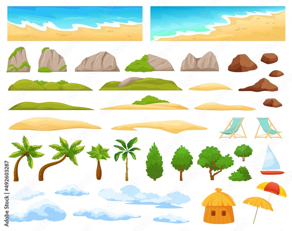 Beach landscape elements, ocean coast, palm trees, mountains. Cartoon tropical island scene constructor with sandy beach, clouds vector set. Sea horizon, hills and rocks, relaxation objects