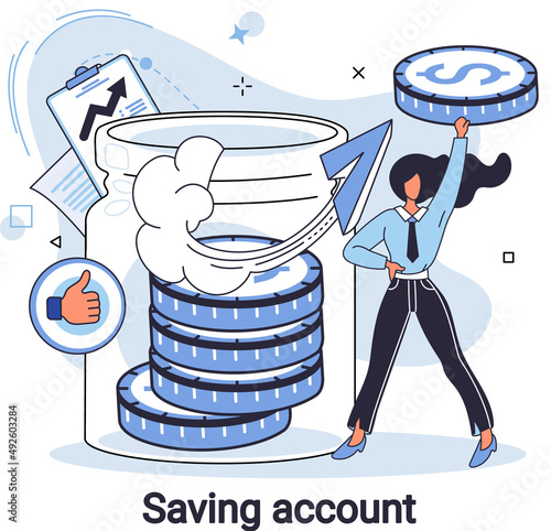 Saving account concept. Woman putting coin into jar piggy bank. Accumulation of funds, wealth. Receiving interest from keeping money, safe future. Banking services, internet payment, passive income