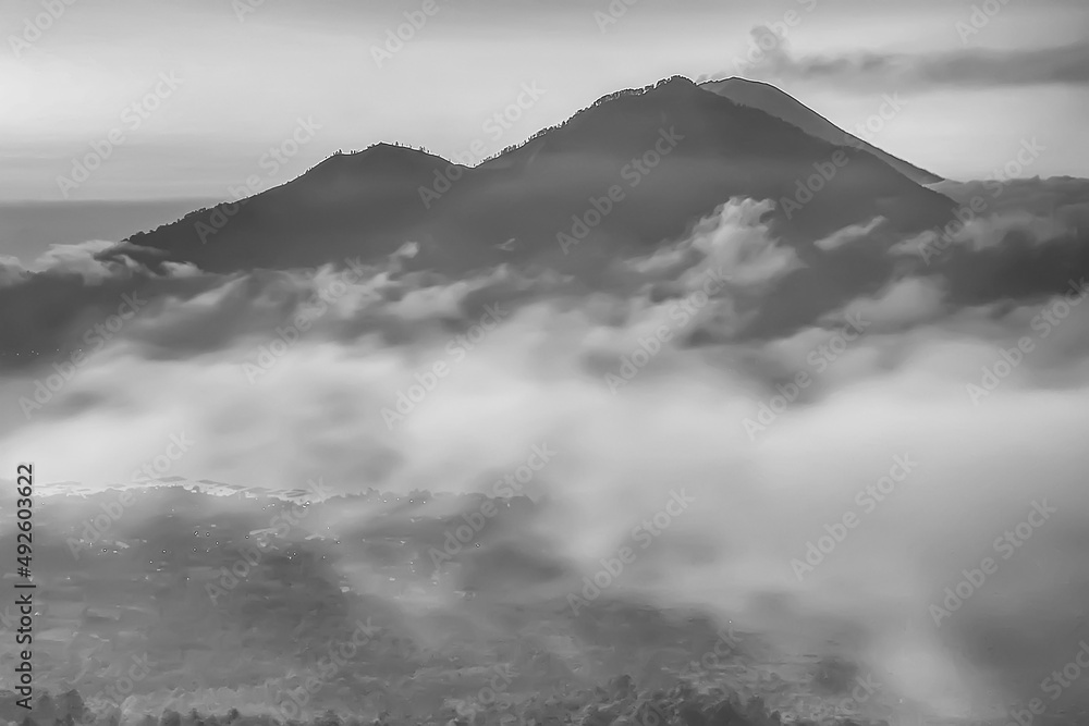 Mounts Abang and Batur Lake in Black and white, view from Batur volcano on Bali, Indonesia Mounts Abang and Batur Lake in Black and white, view from Batur volcano on Bali, Indonesia