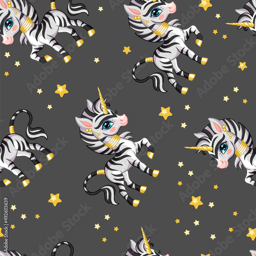 Seamless vector pattern with cute zebra unicorn and stars