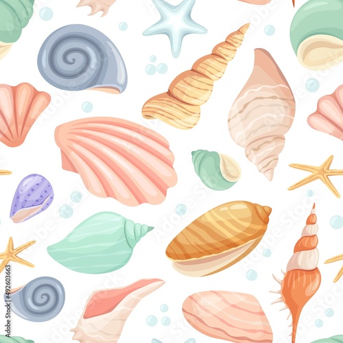 Cartoon seashell and starfish seamless pattern, tropical ocean. Clam, oyster shells, marine mollusk, summer beach seashells vector texture. Underwater cockle and conch for wallpaper