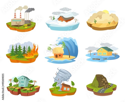Cartoon natural disasters, tornado, earthquake forest fire, flood. Extreme weather, tsunami snowfall, calamities or catastrophes vector set. Ruined and broken buildings cataclysms