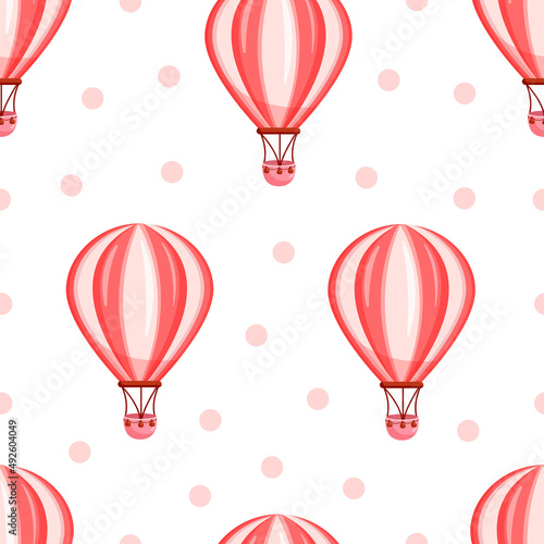 Seamless pattern with pink hot air balloon flying in the sky. Vector texture illustration for postcard, textile, decor, paper, texture, wrapping.