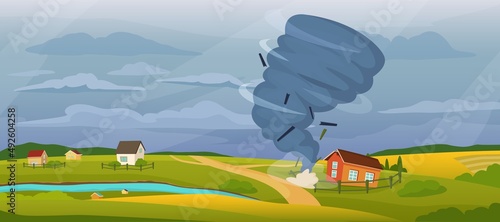 Cartoon rural landscape with tornado, hurricane storm destroying houses. Whirlwind, stormy weather, natural disaster vector illustration. Extreme weather conditions, environmental catastrophe