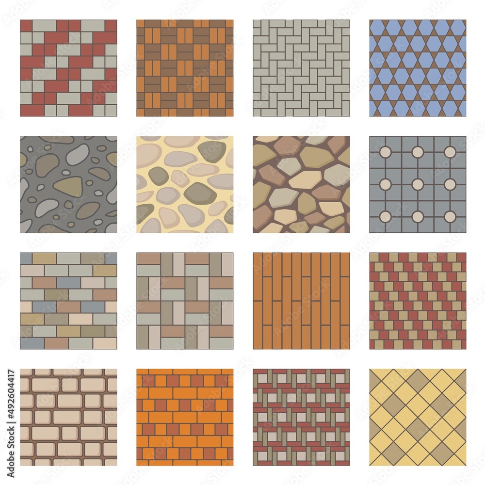 Paving stones seamless pattern, city street pavements tiles. Park path landscaping elements, pavements stone, tile, brick texture vector set. Architectural elements for garden, roadway or wall Paving stones seamless pattern, city street pavements tiles. Park path landscaping elements, pavements stone, tile, brick texture vector set. Architectural elements for garden, roadway or wall